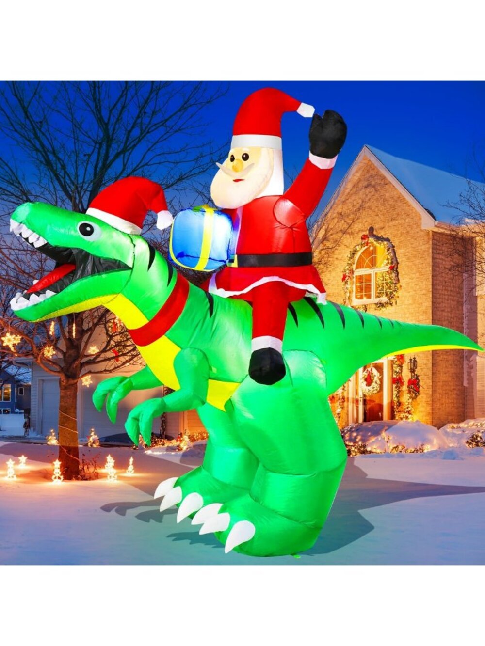 9x7FT Inflatable Christmas Santa Riding Dinosaur - LED Outdoor Yard Decor
